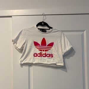 Adidas Marimekko sz MEd crop top  White Tee with Pink Logo